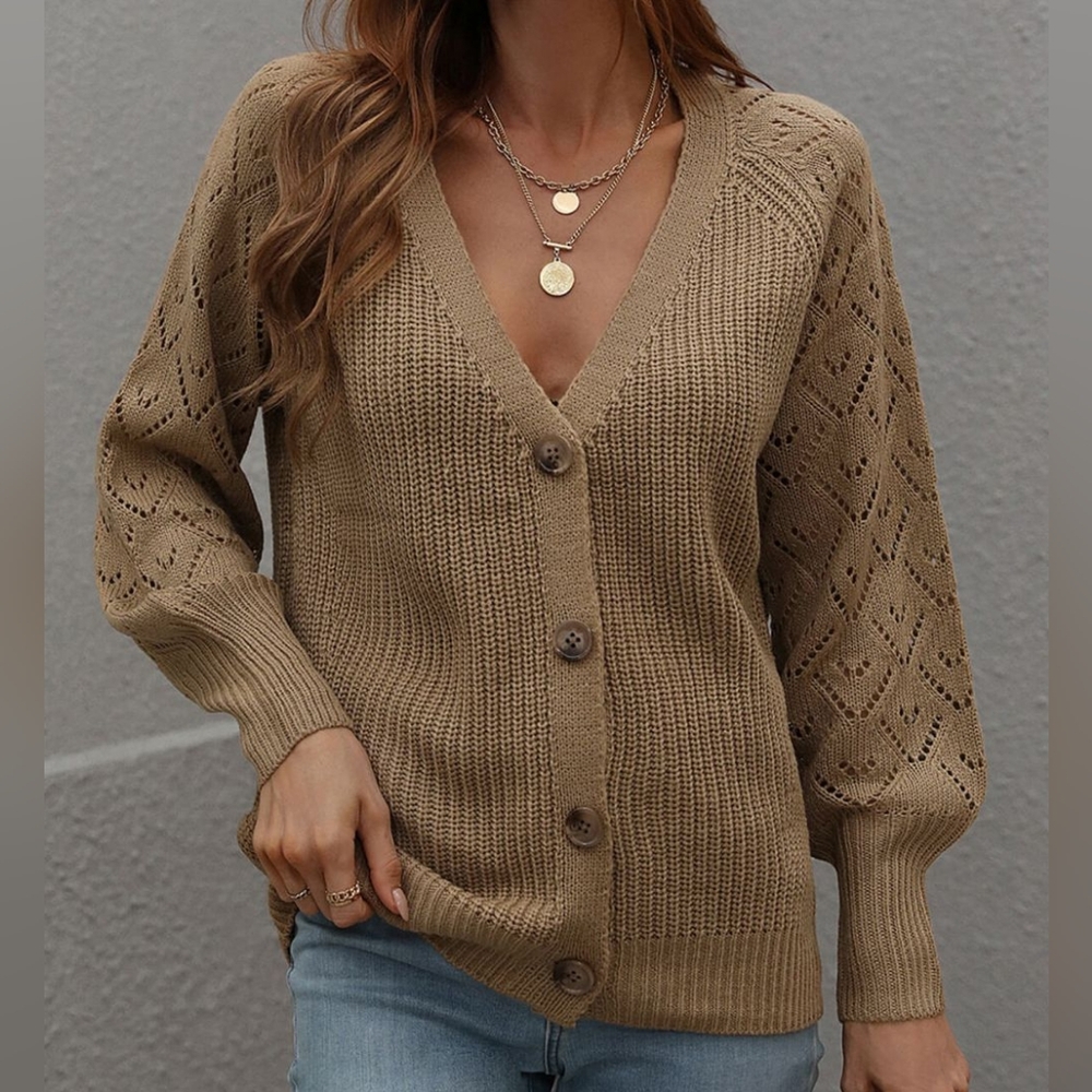Charli Rib-Knit Raglan Cardigan - Tan - Picture 4 of 7